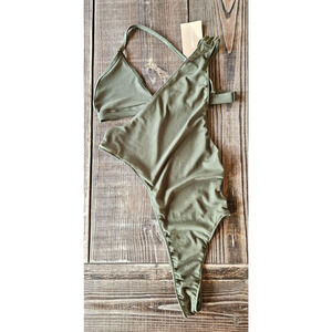 Coco & Beige Womens Bodysuit Small Green Sheer Mesh Cut Out Sexy Swim Top NWT